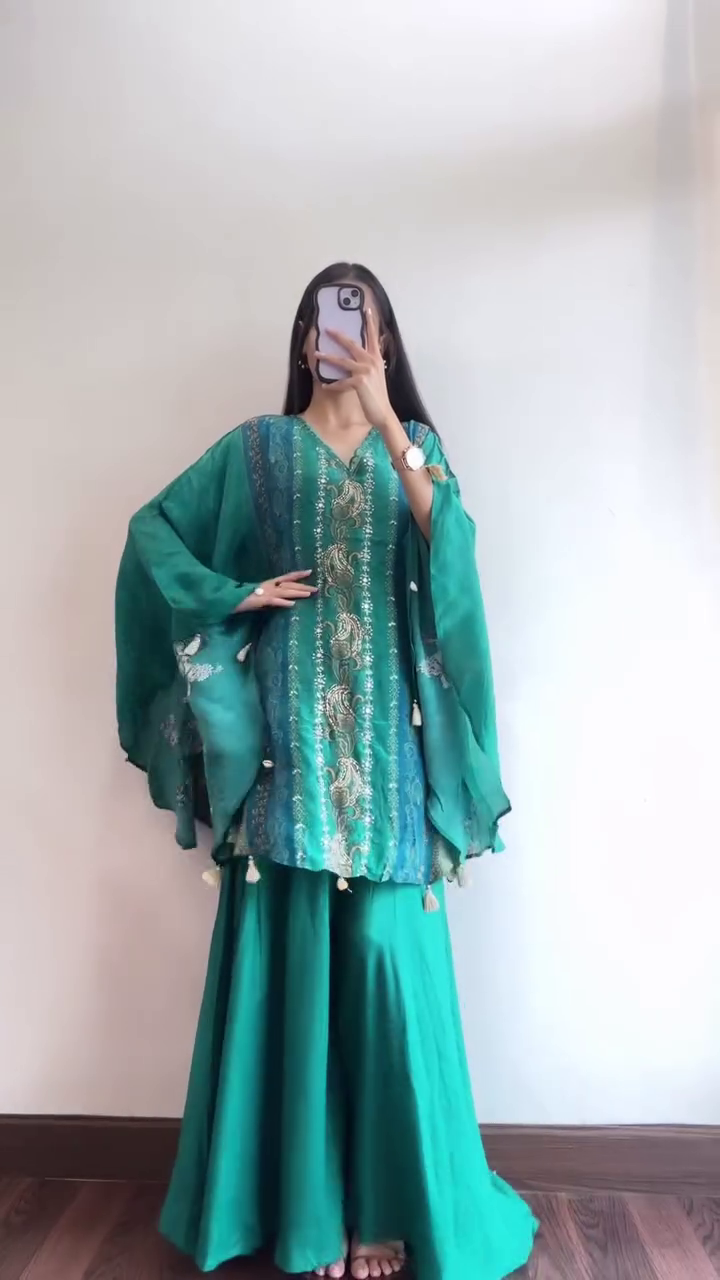 “Bloom in Elegance: Floral Sequinned Kurta Set with Palazzos & Dupatta”