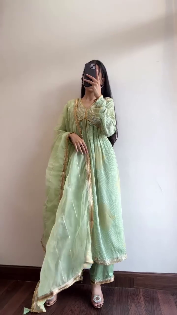 “Bloom in Elegance: Floral Sequinned Kurta Set with Palazzos & Dupatta”