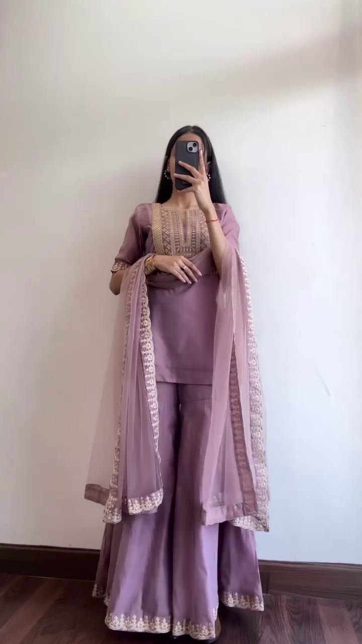 “Bloom in Elegance: Floral Sequinned Kurta Set with Palazzos & Dupatta”