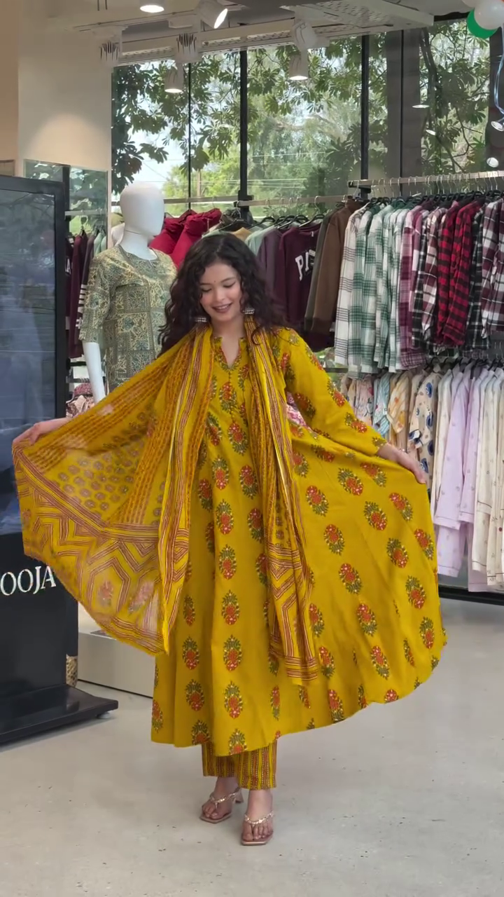 “Floral Charm: V-Neck Kurta Set with Palazzos & Dupatta”