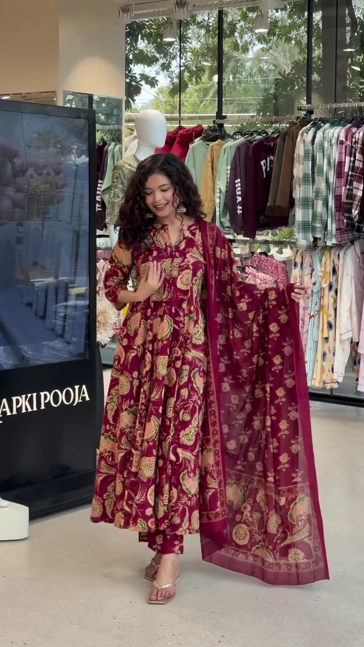 “Floral Charm: V-Neck Kurta Set with Palazzos & Dupatta”