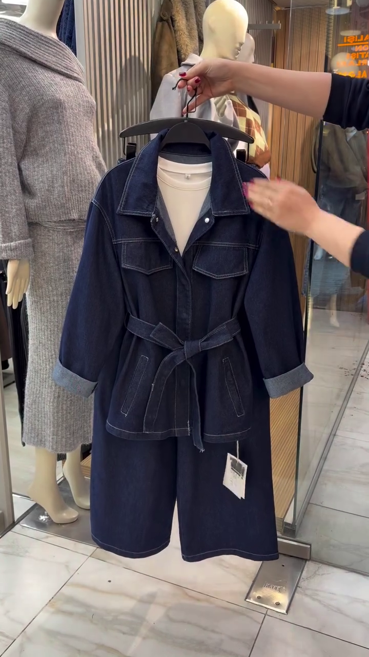 “Denim Duo: Collared Tie-Waist Jacket & Matching Pants Set”