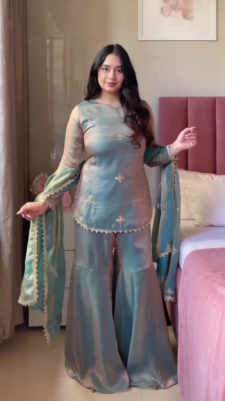 “Modern Elegance: Embroidered Top & Boot-Cut Pant Dupatta Set”