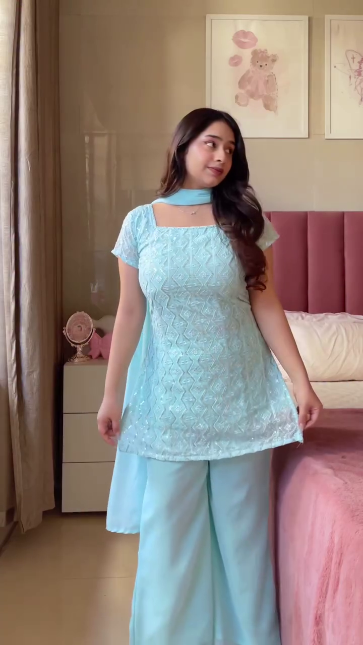 “Modern Elegance: Embroidered Top & Boot-Cut Pant Dupatta Set”