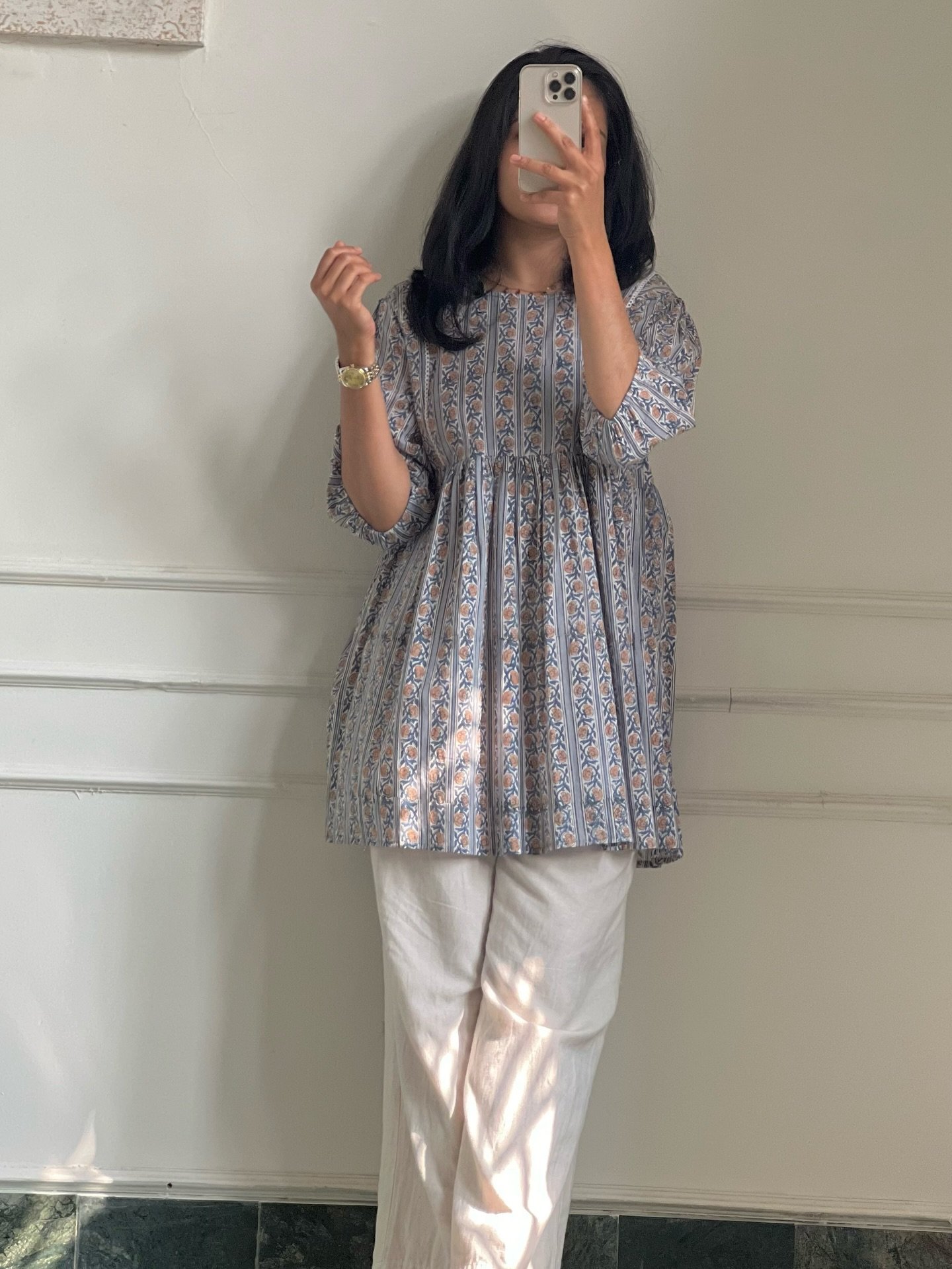 “Modern Charm: Blue Chevron-Patterned Kurti”