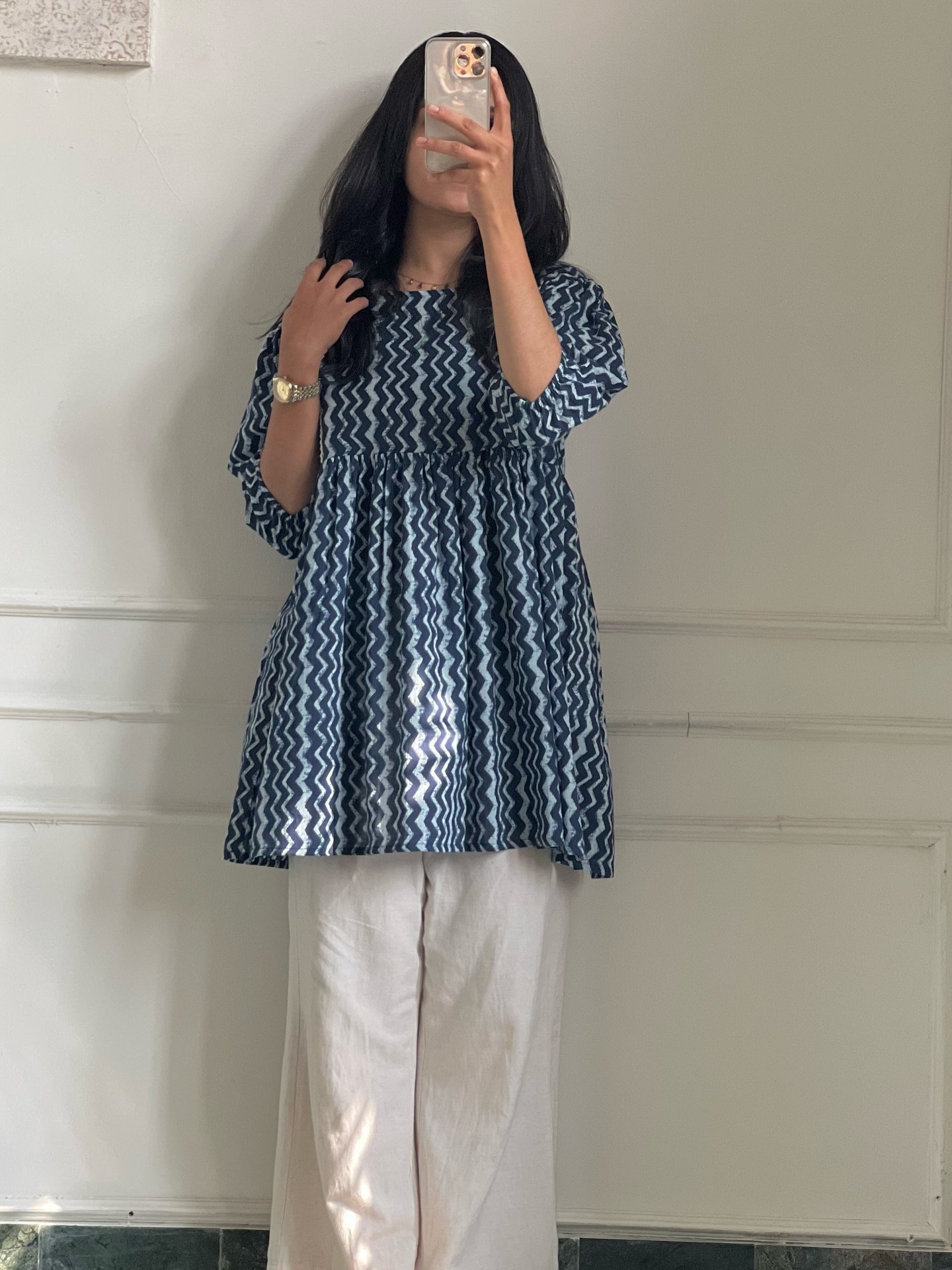 “Modern Charm: Blue Chevron-Patterned Kurti”