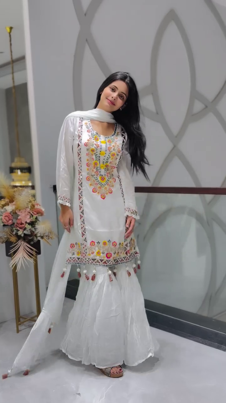 Graceful Charm: White Georgette Printed A-Line Salwar Suit with Dupatta Set