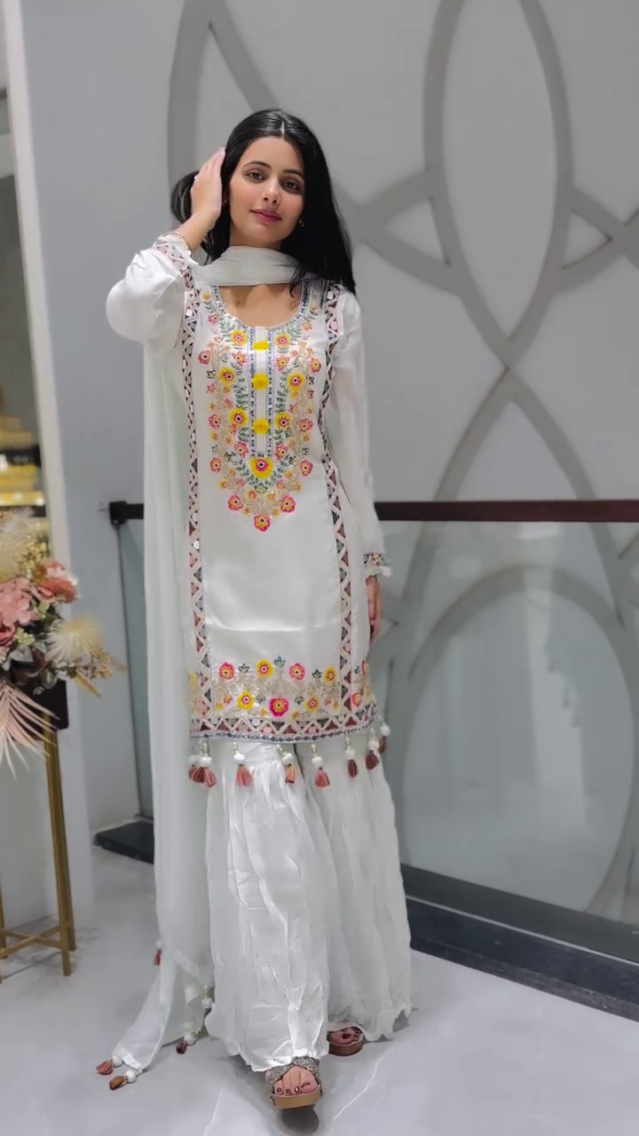 Graceful Charm: White Georgette Printed A-Line Salwar Suit with Dupatta Set
