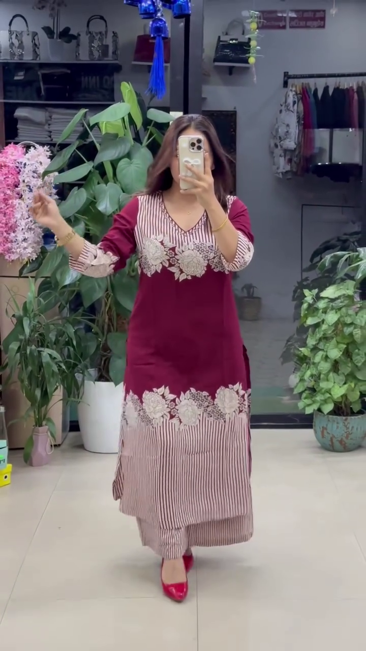 Feminine & Flowing – Floral Printed A-Line Kurti with Palazzo Set