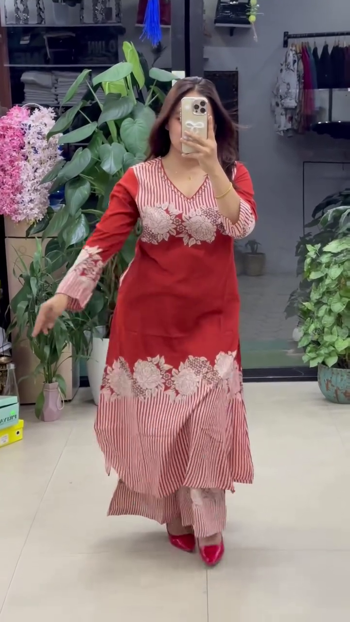 Feminine & Flowing – Floral Printed A-Line Kurti with Palazzo Set