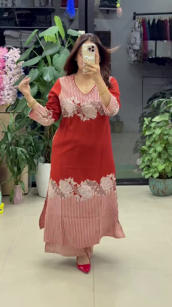 Feminine & Flowing – Floral Printed A-Line Kurti with Palazzo Set