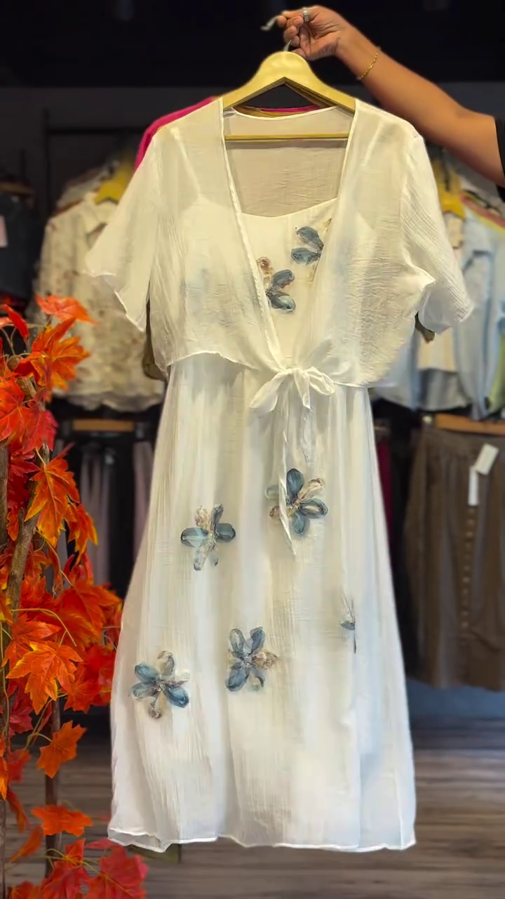Elegant White Floral Dress with Sheer Tie-Front Shrug – Feminine Charm Meets Effortless Grace