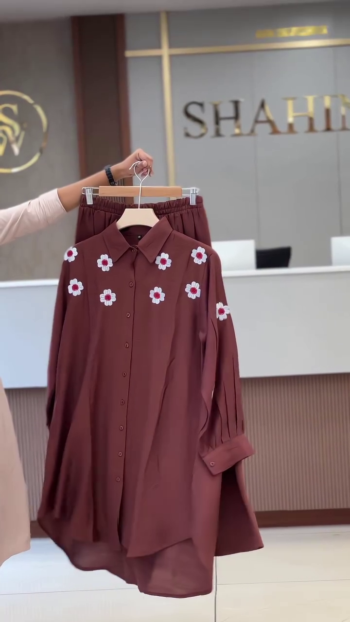 Elegant Brown Floral Embroidered Long Shirt with Palazzo – Timeless Ethnic Charm with Modern Detailing