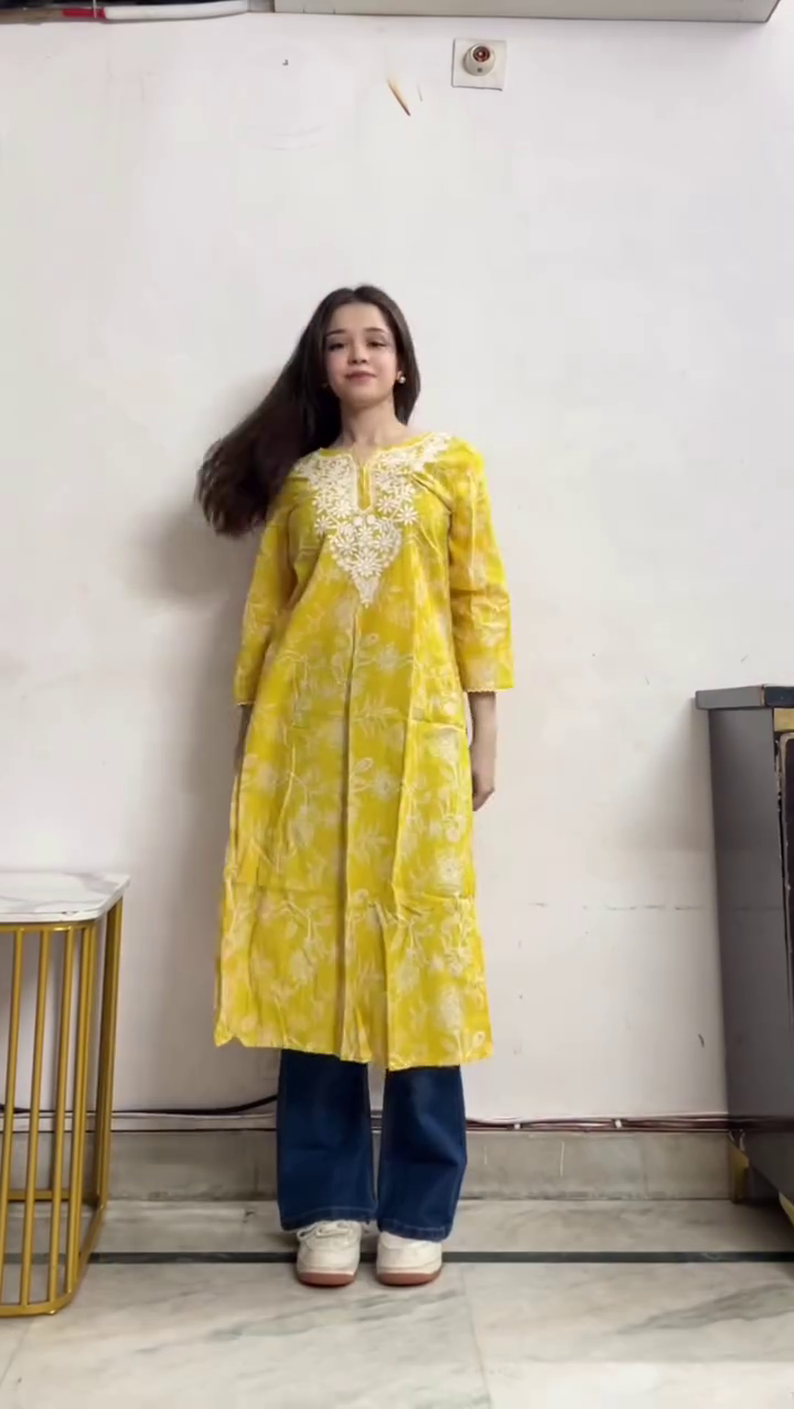🌼 Sunshine Charm Embroidered Kurti – Elegant Floral Long Kurta | XXS–XXL | Multiple Colors & Designs 🌼