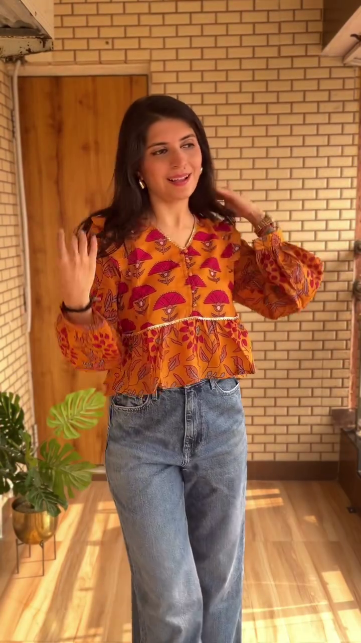 🍁 Autumn Bloom Printed Peplum Top – Chic Flowy Statement Blouse | XXS–XXL | Multiple Colors & Designs 🍁