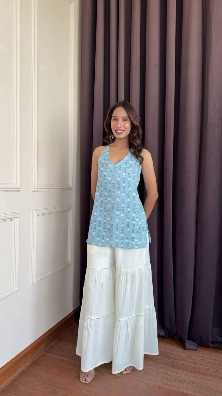 Ethnic Printed Halter Neck Pure Cotton Tunic with Trousers – Stylish Comfort Meets Tradition