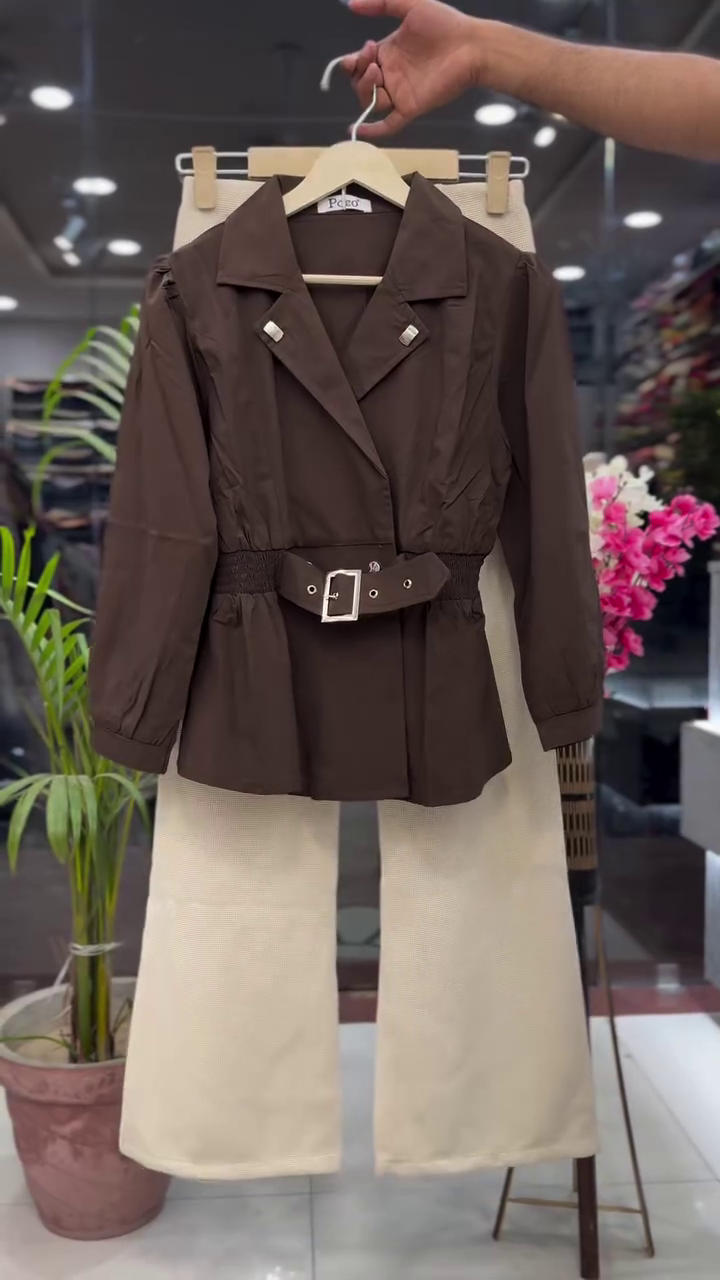 Chic Brown Belted Jacket with White Trousers – Effortless Sophistication