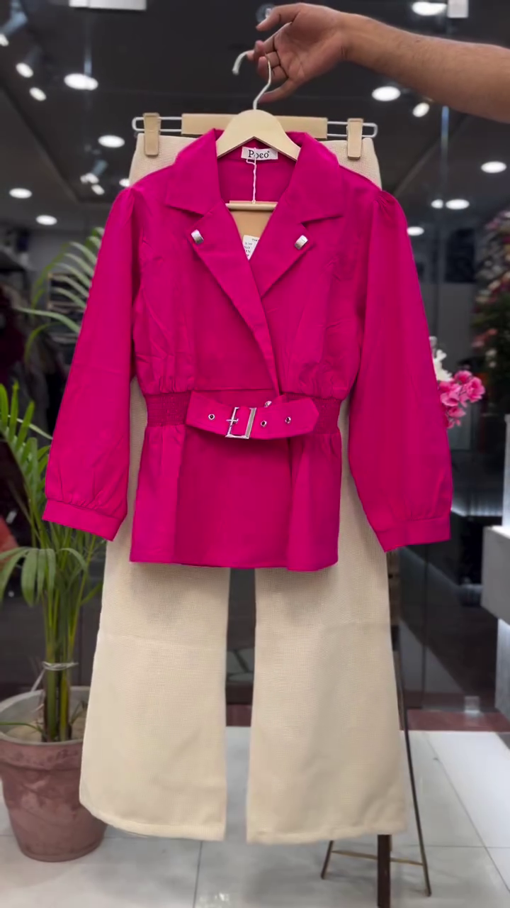 Chic Brown Belted Jacket with White Trousers – Effortless Sophistication