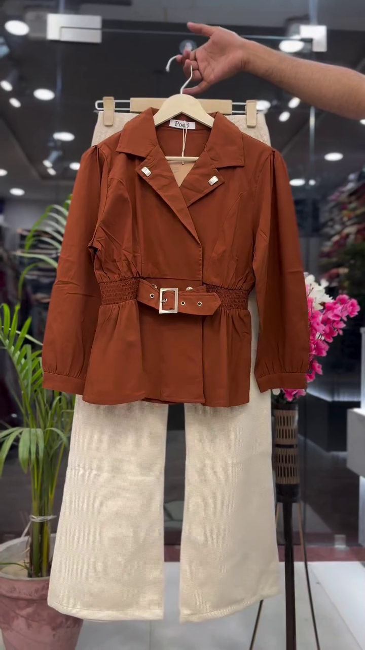 Chic Brown Belted Jacket with White Trousers – Effortless Sophistication