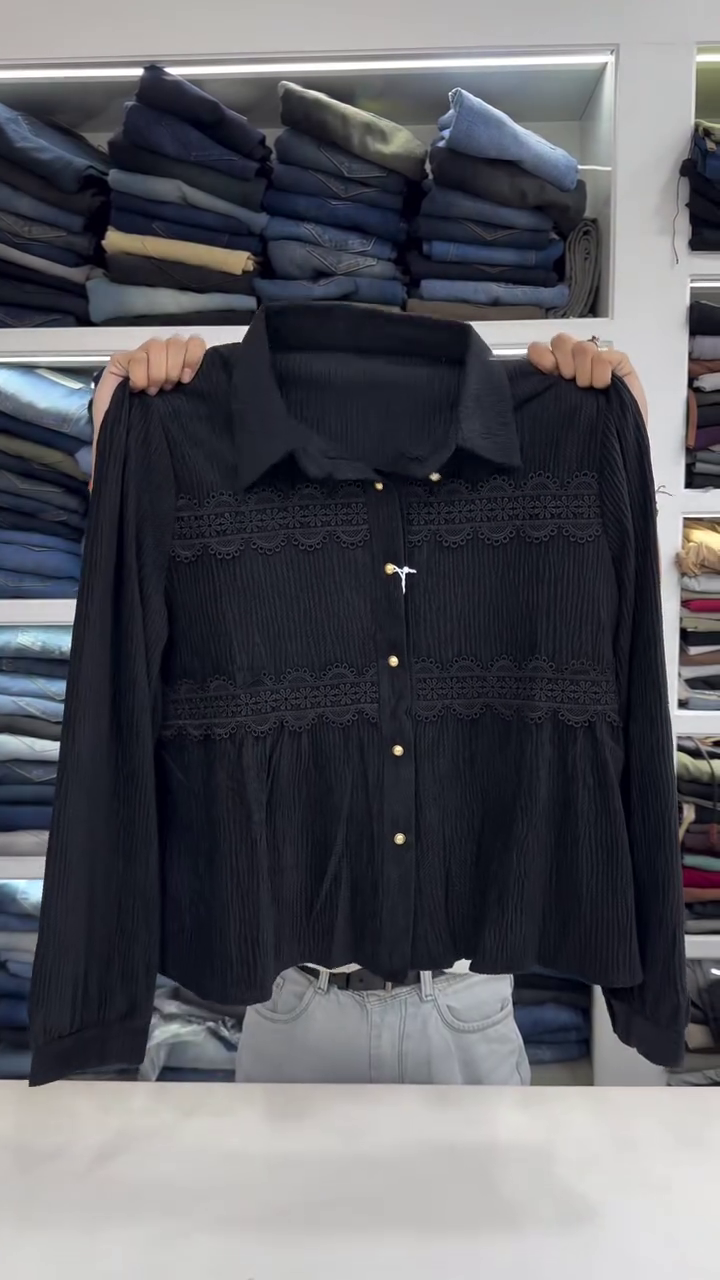 Chic Black Textured Shirt for Women – Elegant Lace Detailing with Classic Button Closures