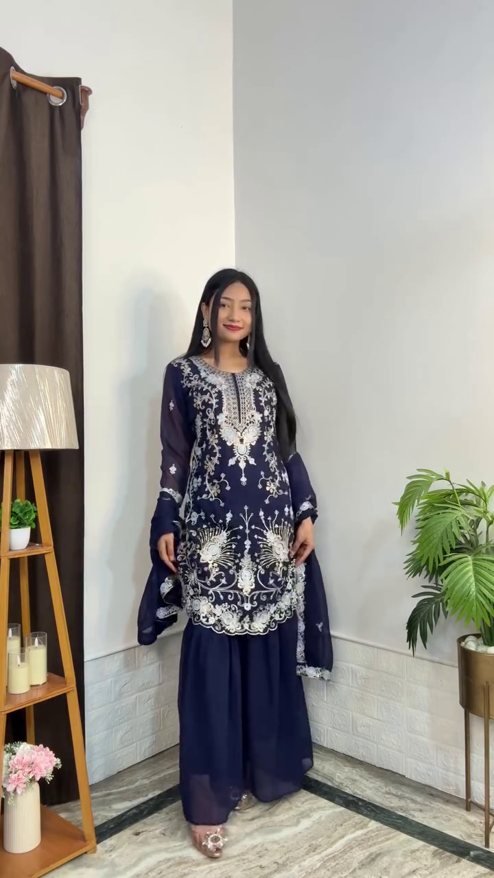 Primesky Silk Blend Kurta Palazzo Dupatta Set with Embroidered Detailing – Elegant Ethnic Grace