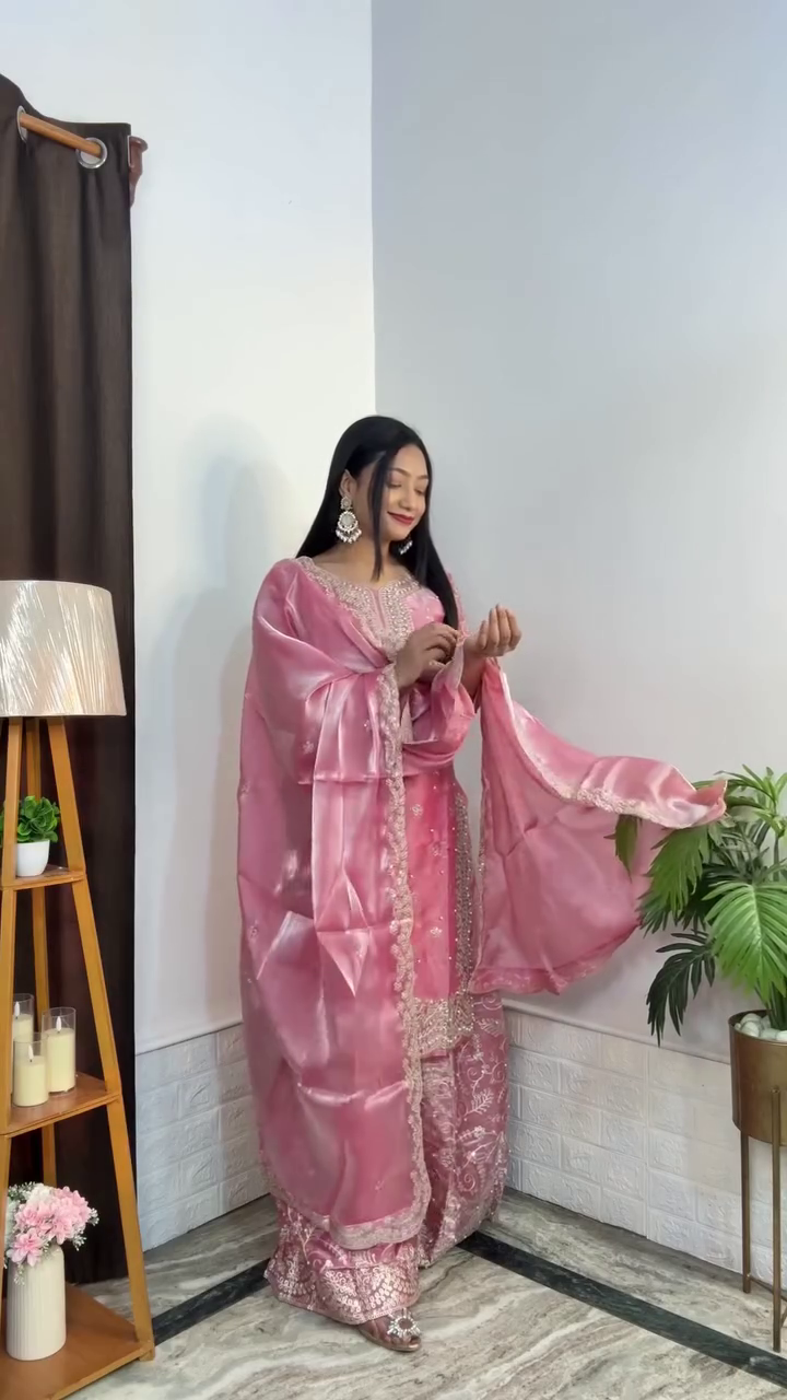 Primesky Silk Blend Kurta Palazzo Dupatta Set with Embroidered Detailing – Elegant Ethnic Grace