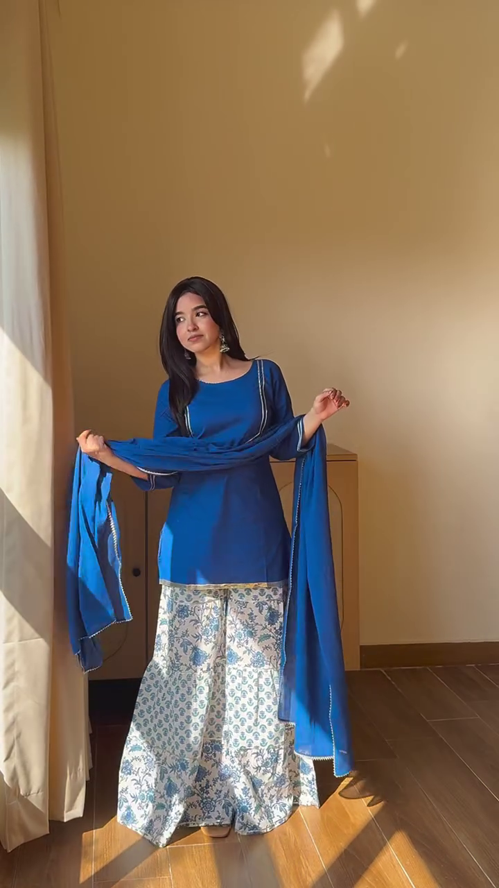 Women’s Blue Pure Cotton Yoke Design Straight Kurti with Printed Sharara & Dupatta Set – Elegant Comfort for Festive Style
