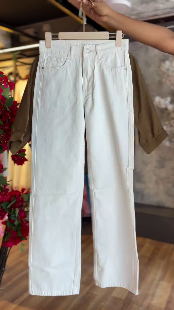 Three-Piece Women’s Set with Brown Embroidered Shirt, Olive Smocked Crop Top & White Pants – Effortless Chic Style