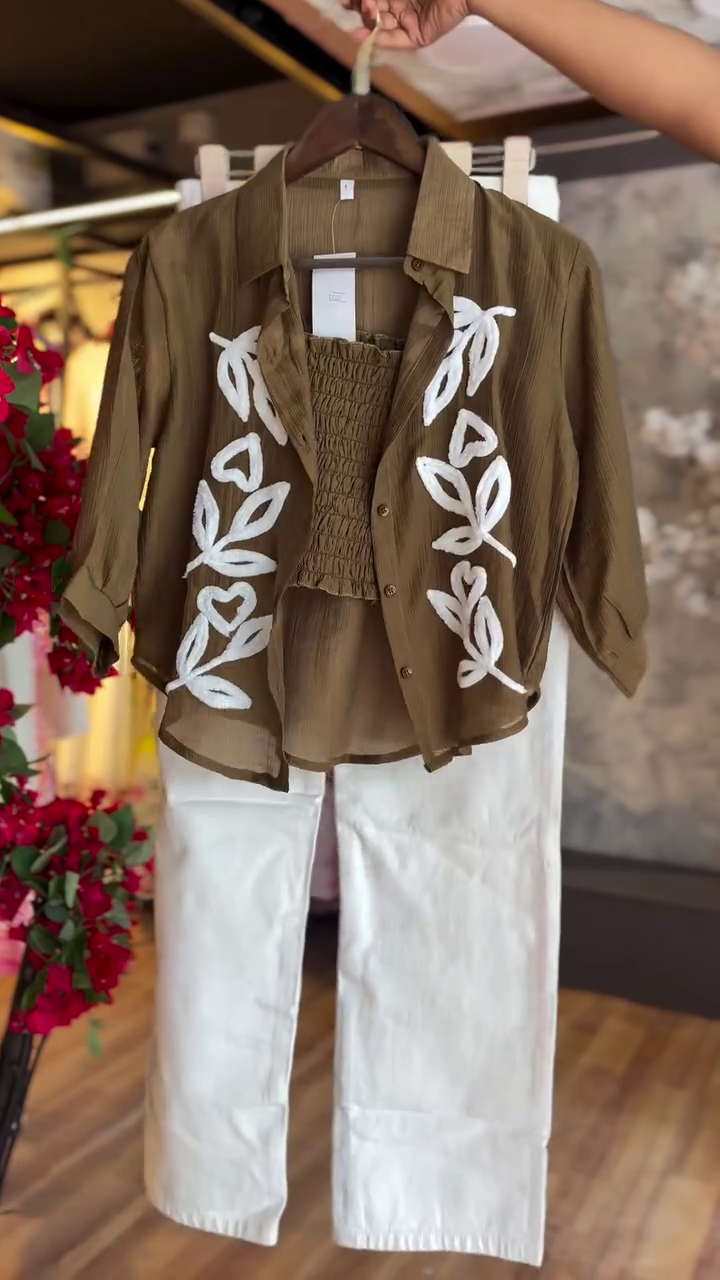 Three-Piece Women’s Set with Brown Embroidered Shirt, Olive Smocked Crop Top & White Pants – Effortless Chic Style
