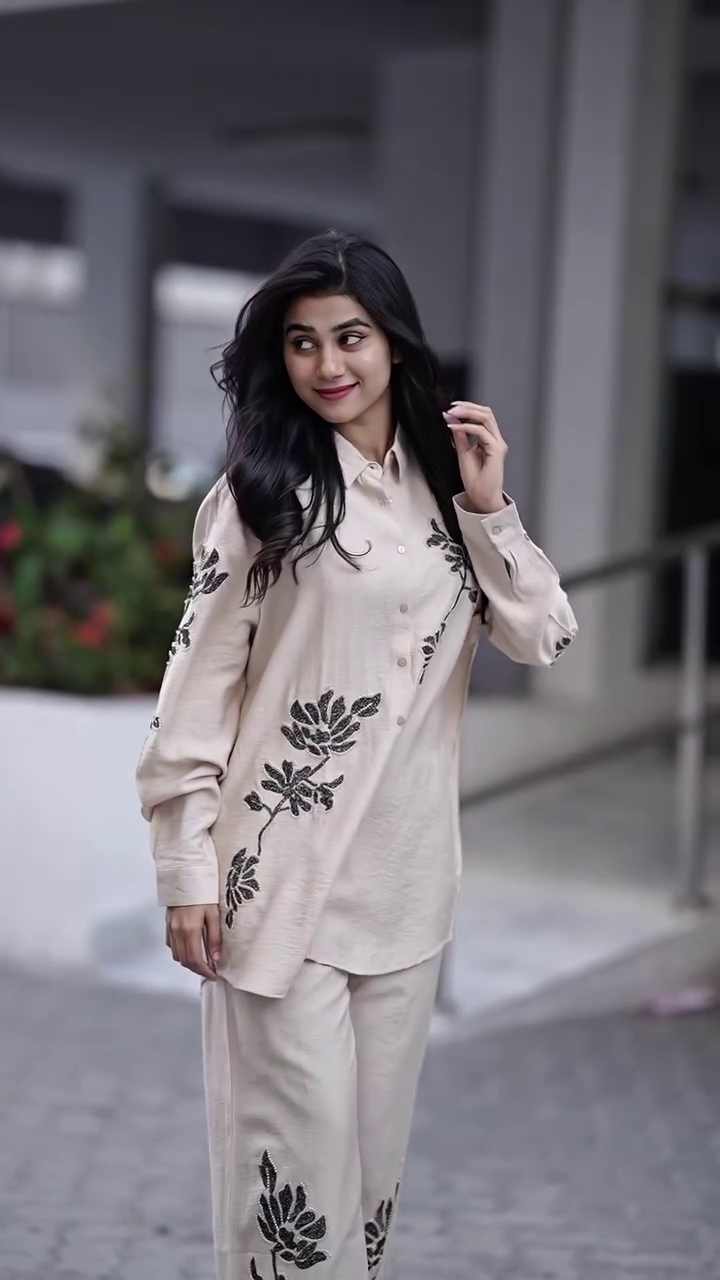 Women’s Cream Cotton Blend Co-Ord Set – Spread Collar Shirt with Palazzo for Elegant Everyday Style