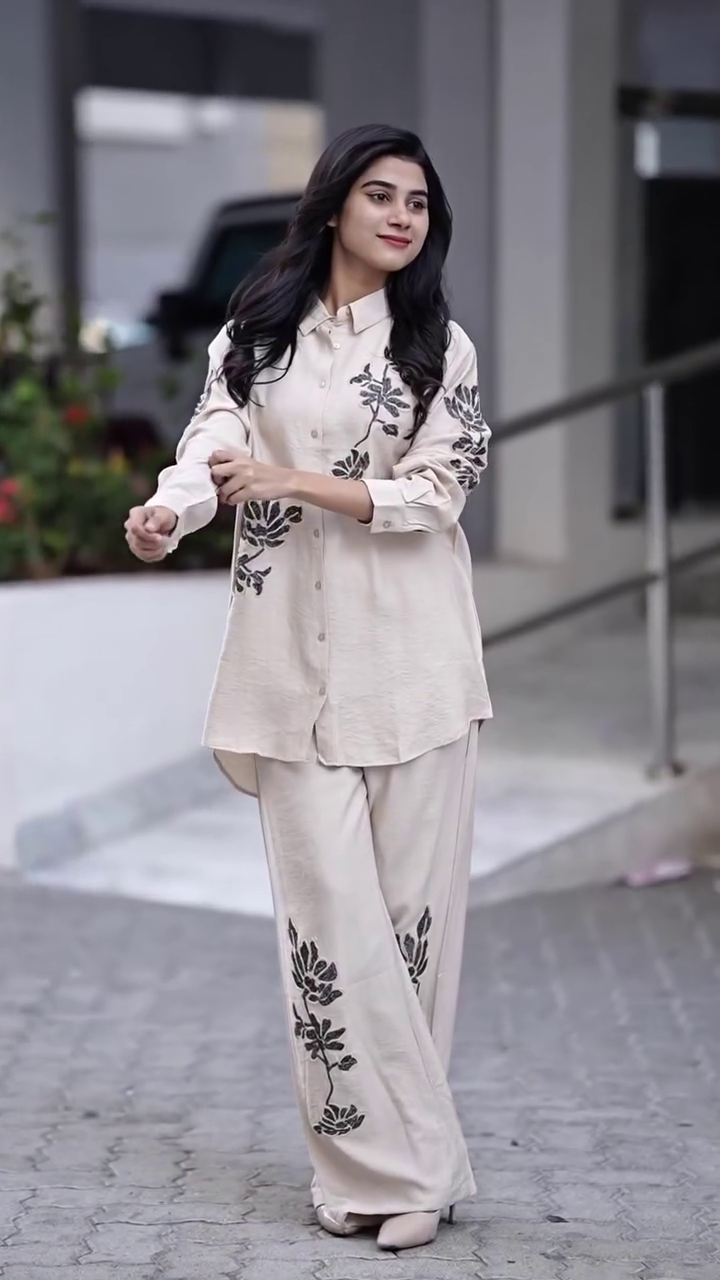 Women’s Cream Cotton Blend Co-Ord Set – Spread Collar Shirt with Palazzo for Elegant Everyday Style