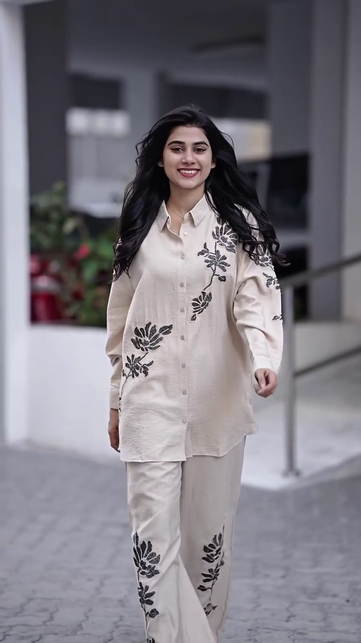 Women’s Cream Cotton Blend Co-Ord Set – Spread Collar Shirt with Palazzo for Elegant Everyday Style