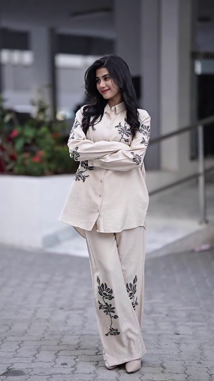 Women’s Cream Cotton Blend Co-Ord Set – Spread Collar Shirt with Palazzo for Elegant Everyday Style