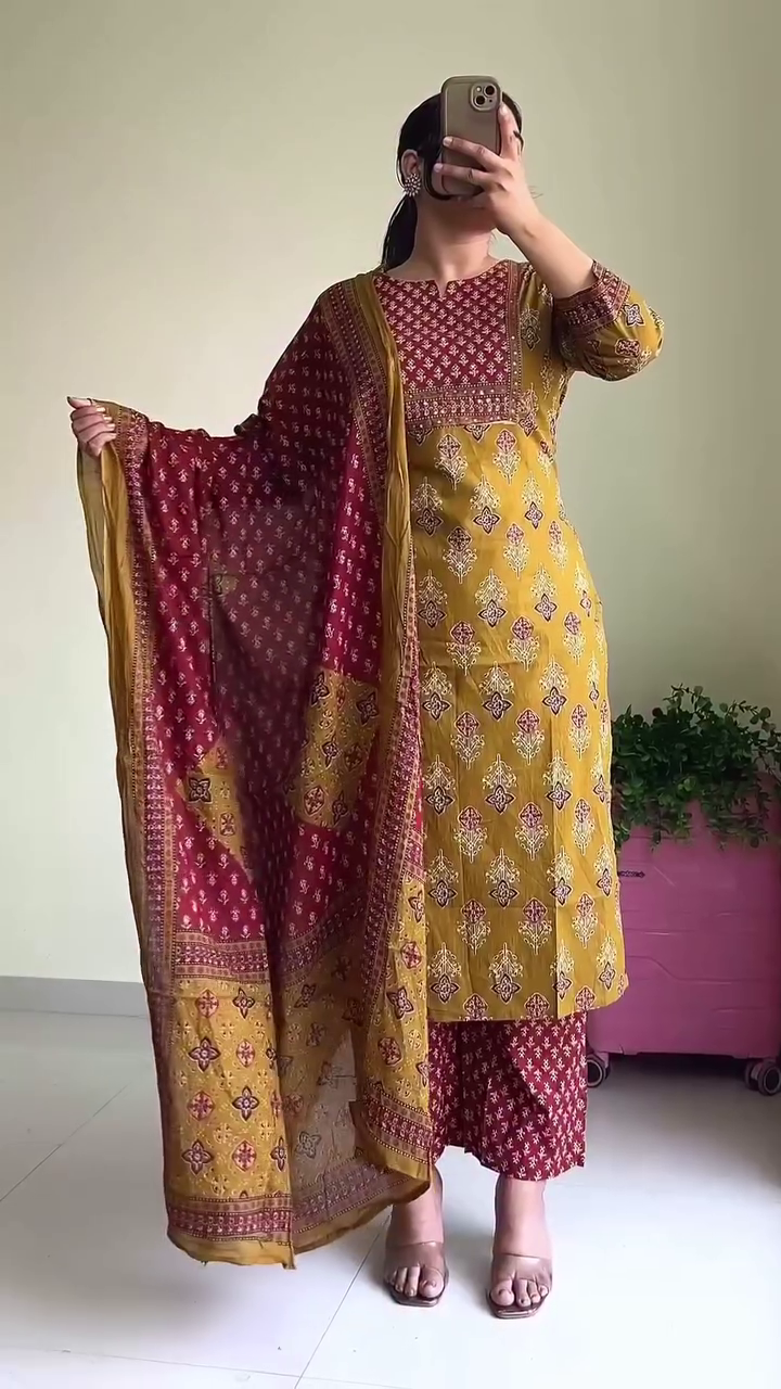 Brown Embroidered V-Neck Kurta Set with Matching Trousers & Dupatta – Elegant Ethnic Ensemble