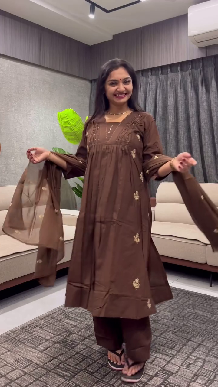 Brown Embroidered V-Neck Kurta Set with Matching Trousers & Dupatta – Elegant Ethnic Ensemble