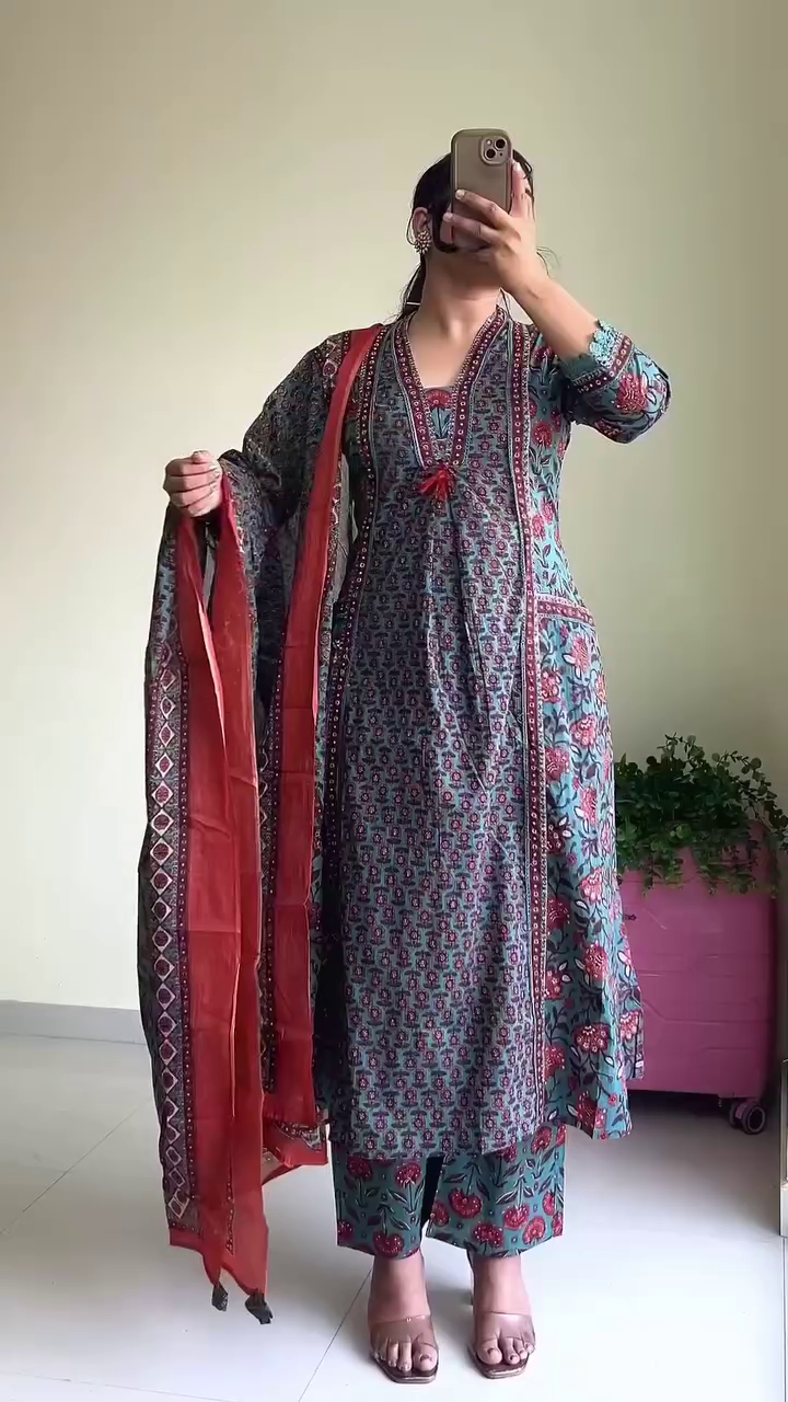 Printed Pure Cotton Kurta, Palazzo & Dupatta Set – Comfortable Ethnic Elegance