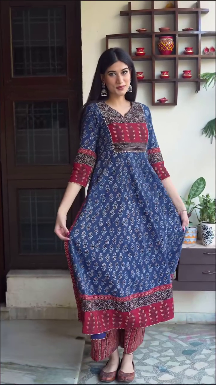 Printed A-Line Kurta with Side Slit & Palazzo – Effortless Ethnic Style with Modern Comfort