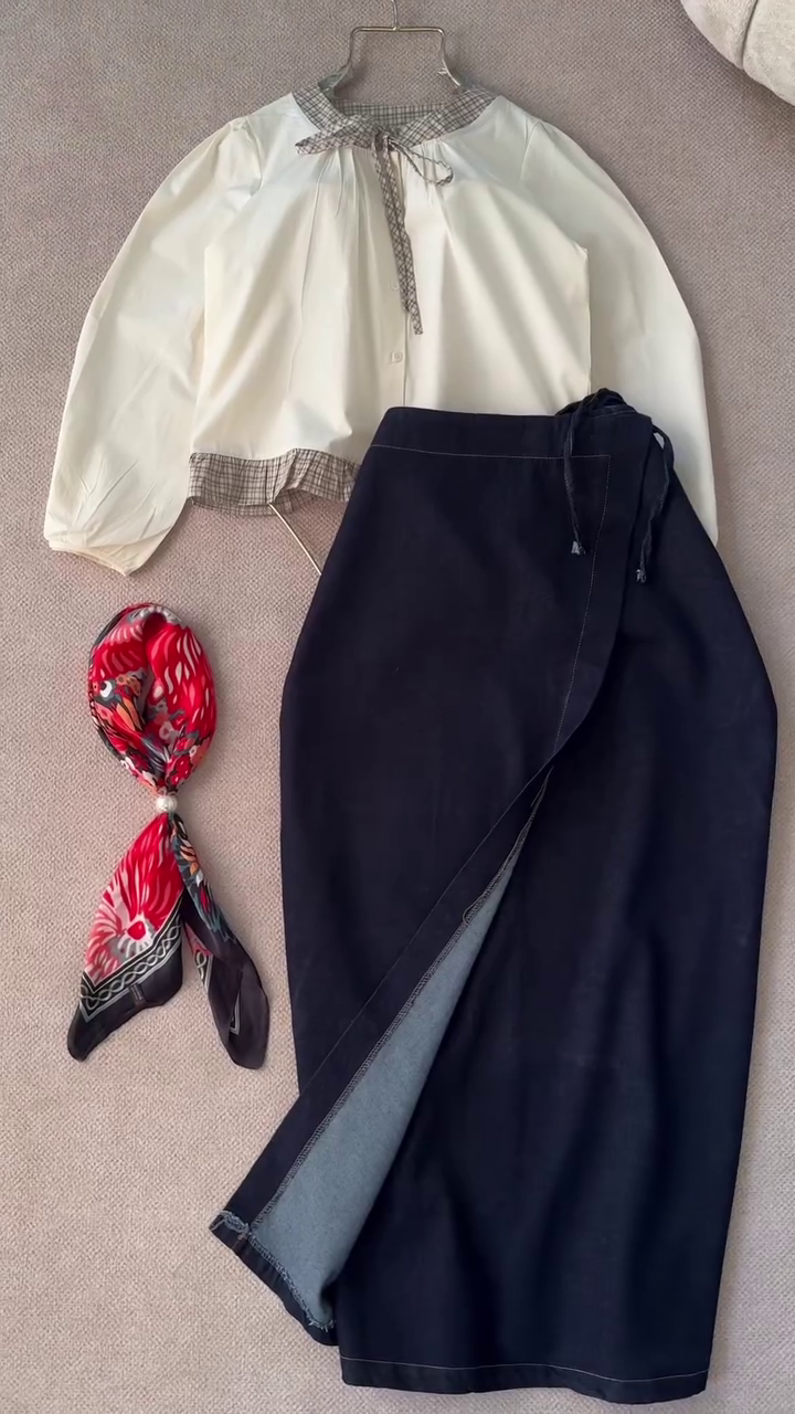 Modern Elegance Meets Casual Chic: Long Denim Skirt Set with Plaid Detail Top & Patterned Scarf