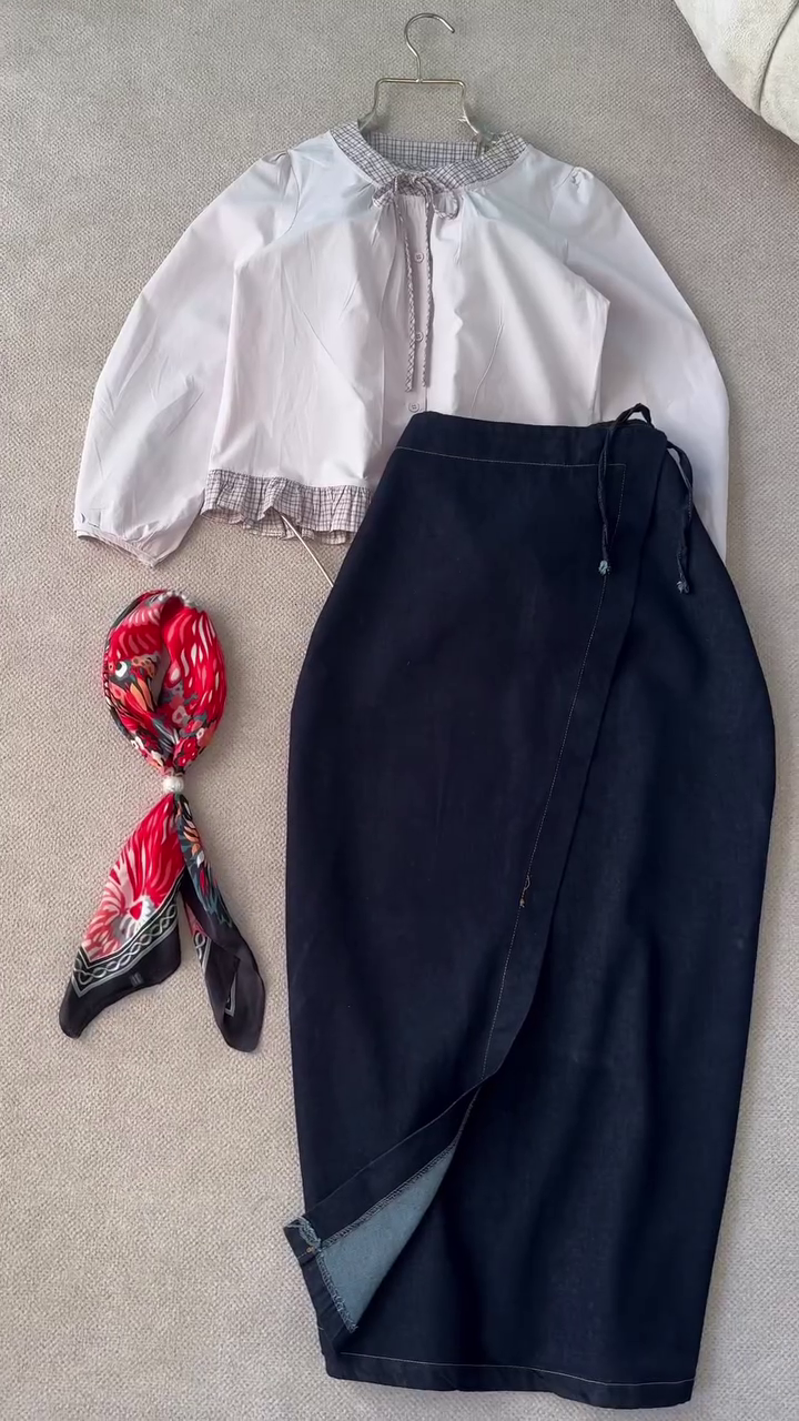 Modern Elegance Meets Casual Chic: Long Denim Skirt Set with Plaid Detail Top & Patterned Scarf