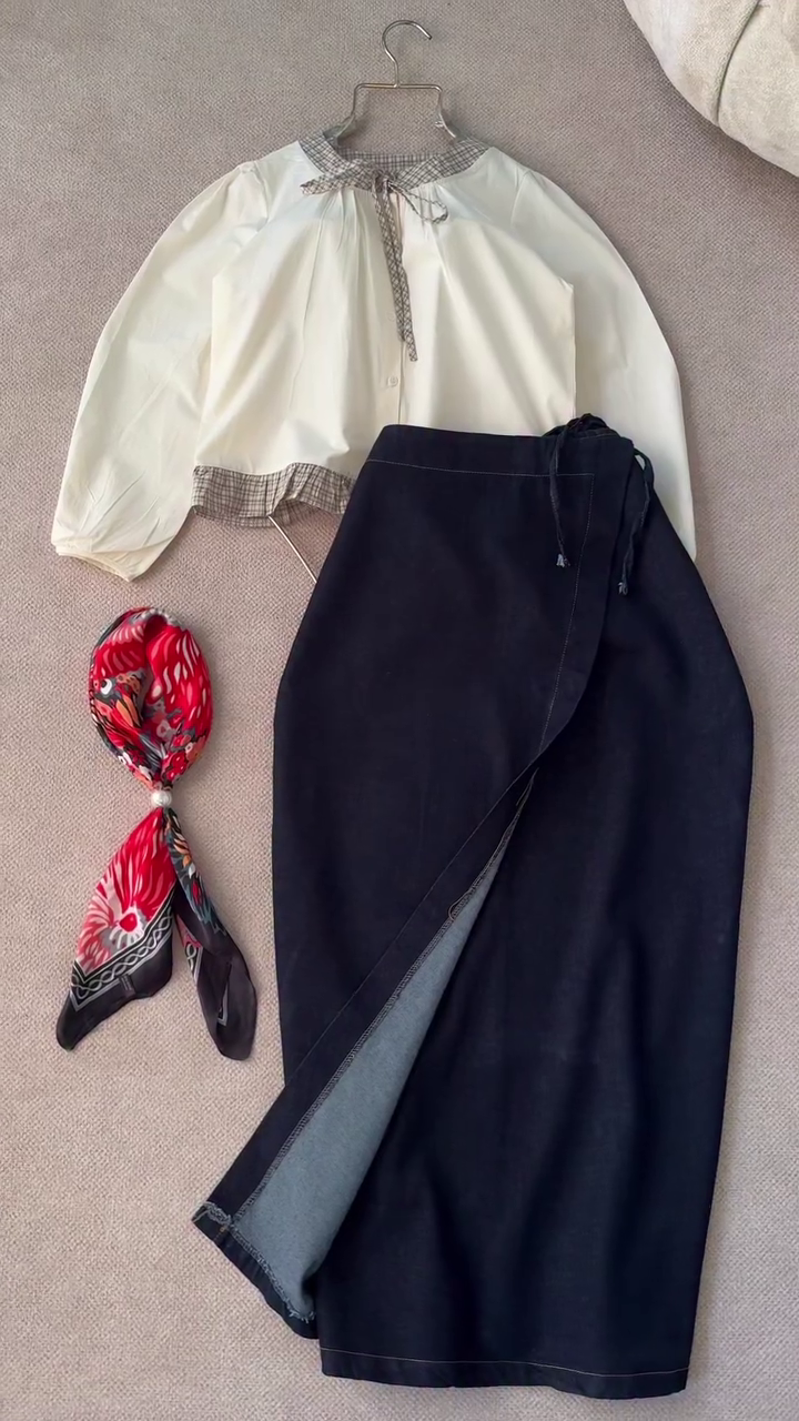 Modern Elegance Meets Casual Chic: Long Denim Skirt Set with Plaid Detail Top & Patterned Scarf