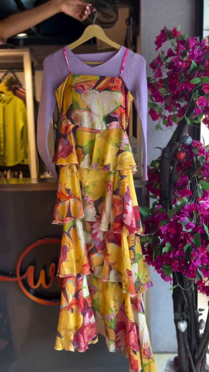 Romantic Layers: Floral Tiered Maxi Dress with Lavender Long-Sleeve Top