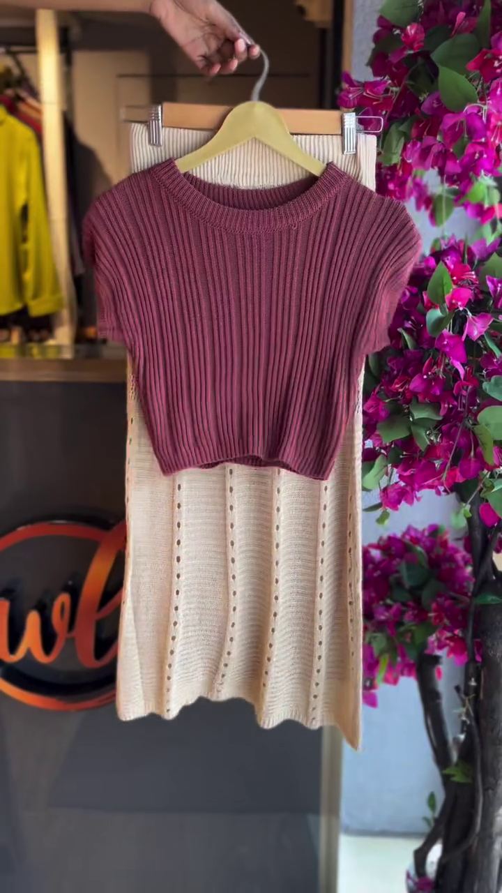 Chic Knit Co-Ord: Burgundy Ribbed Crop Top & Textured Skirt Set