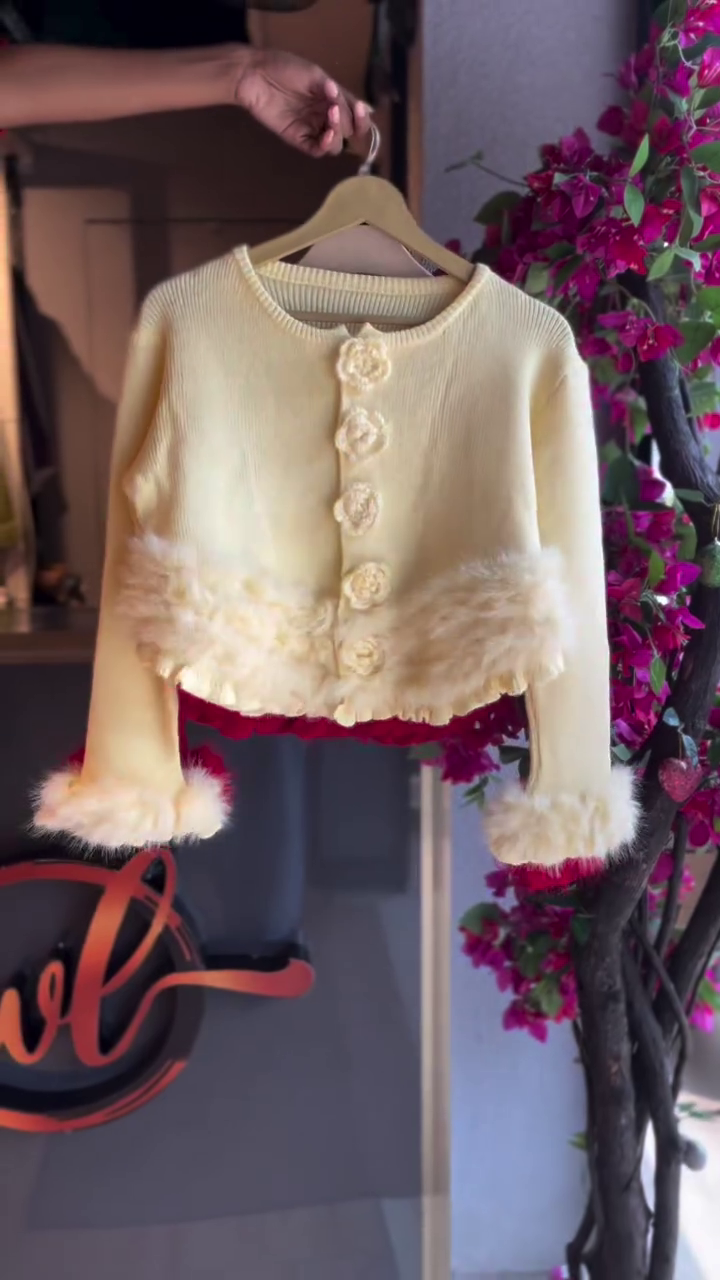 Statement Softness: SINGREINY French 3D Floral Fuzzy Knitted Cardigan in Yellow