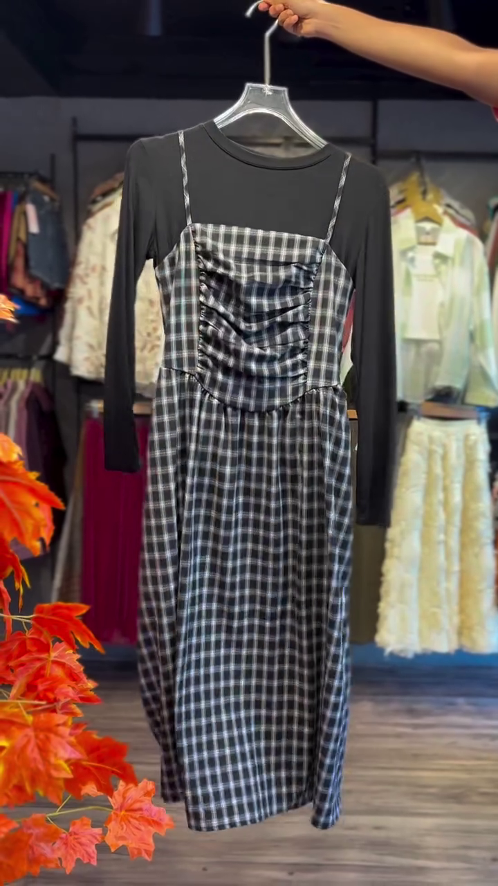 Classic Layered Charm: Plaid Midi Pinafore Dress with Black Long-Sleeve Top