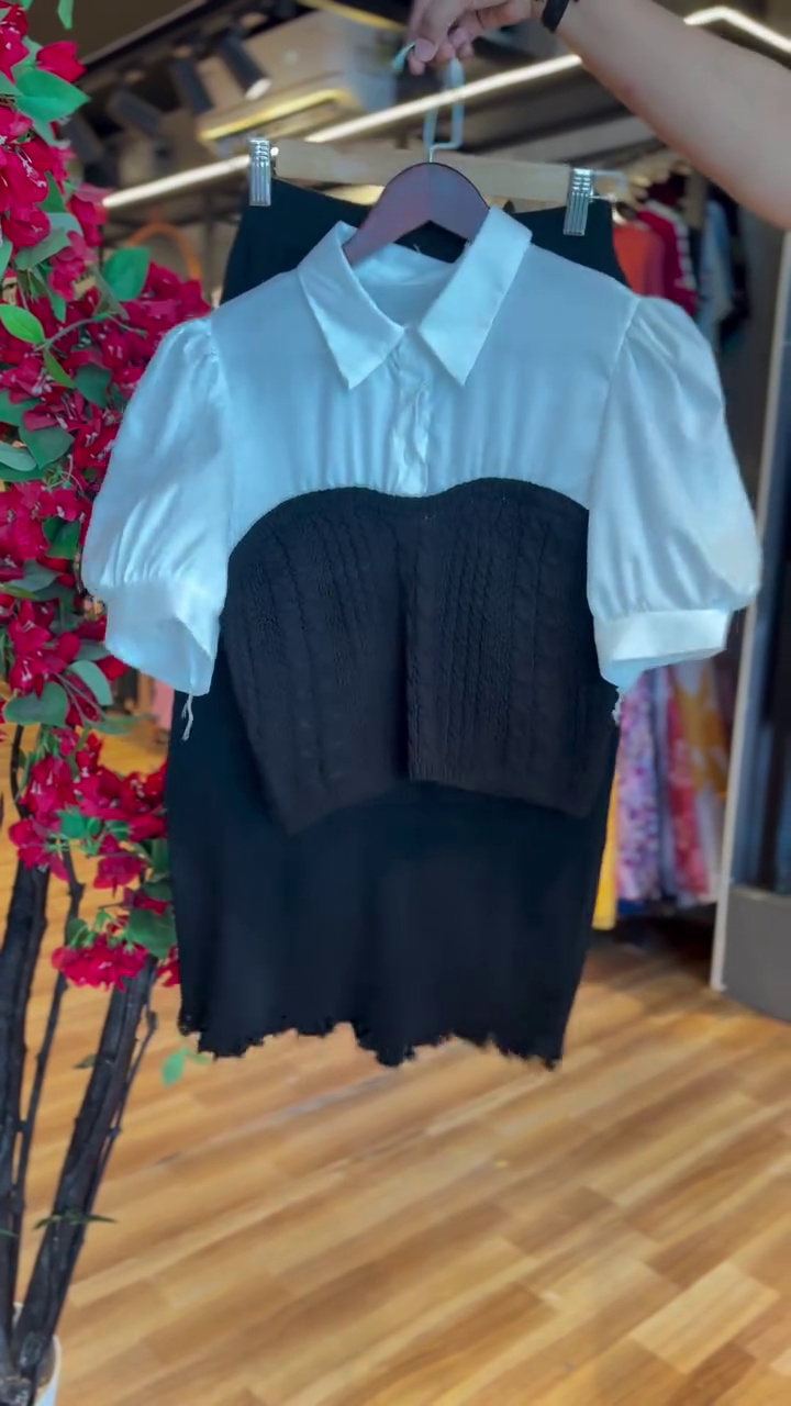 Modern Contrast: White Puff-Sleeve Shirt with Black Cable-Knit Corset Top Two-Piece Set