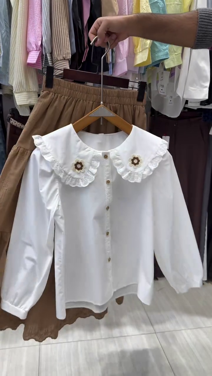Romantic Elegance: White Long-Sleeve Shirt with Embroidered Peter Pan Collar and Coordinating Skirt