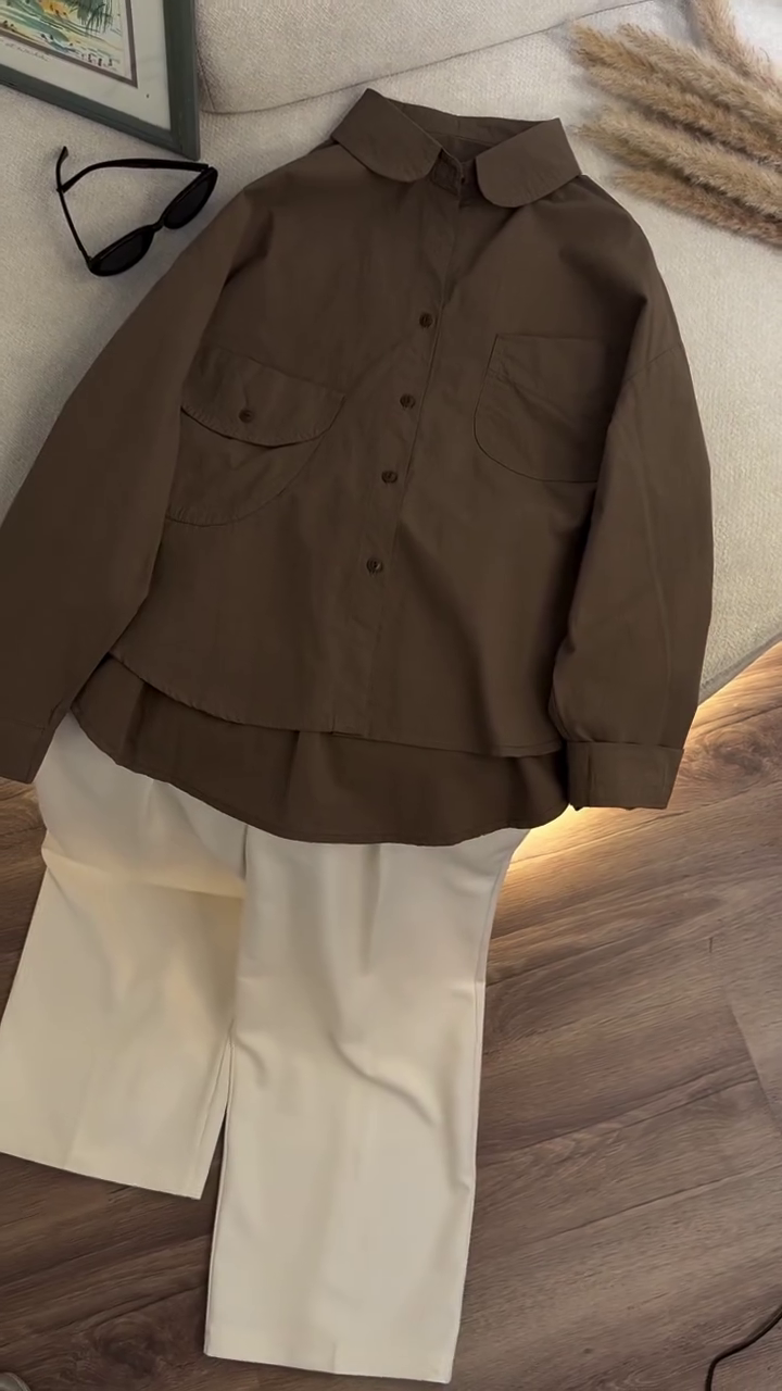 Effortless Neutral Style: Brown Collared Shirt with Cream-Colored Trousers