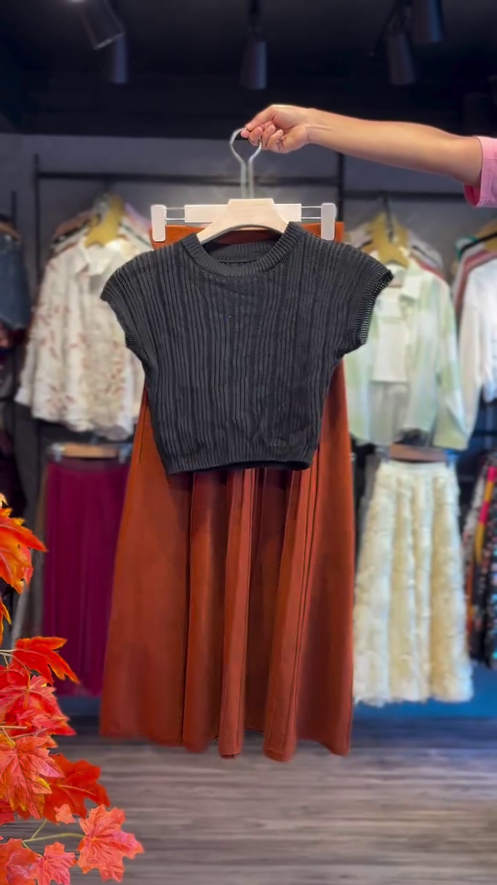 Effortless Elegance: Short-Sleeved Top with Solid-Colored Pleated Skirt