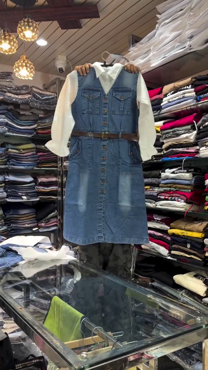 “Effortless Utility Chic: Layered Denim Midi Dress with White Shirt”