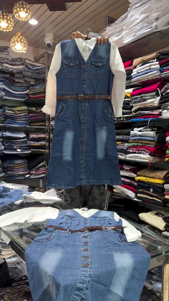 “Effortless Utility Chic: Layered Denim Midi Dress with White Shirt”